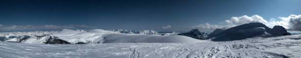 Panorama of Columbia Icefield from Stutfield Peak. Click to view large size.